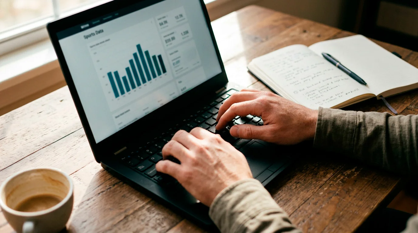Laptop met F1-data-analyse en quoteringen op een bureau naast een notitieboek