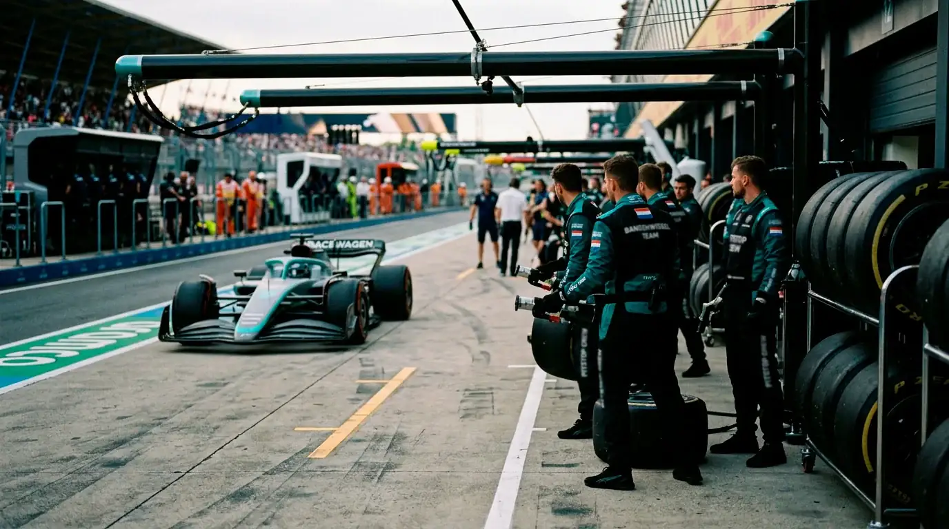 F1-monteurs in de pitstraat bereiden een pitstop voor tijdens een Grand Prix