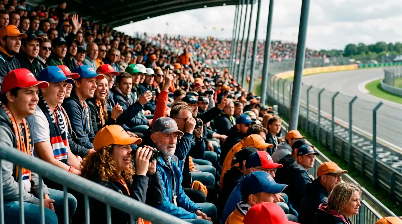Formule 1-fans op de tribunes tijdens een Grand Prix met uitzicht op het circuit