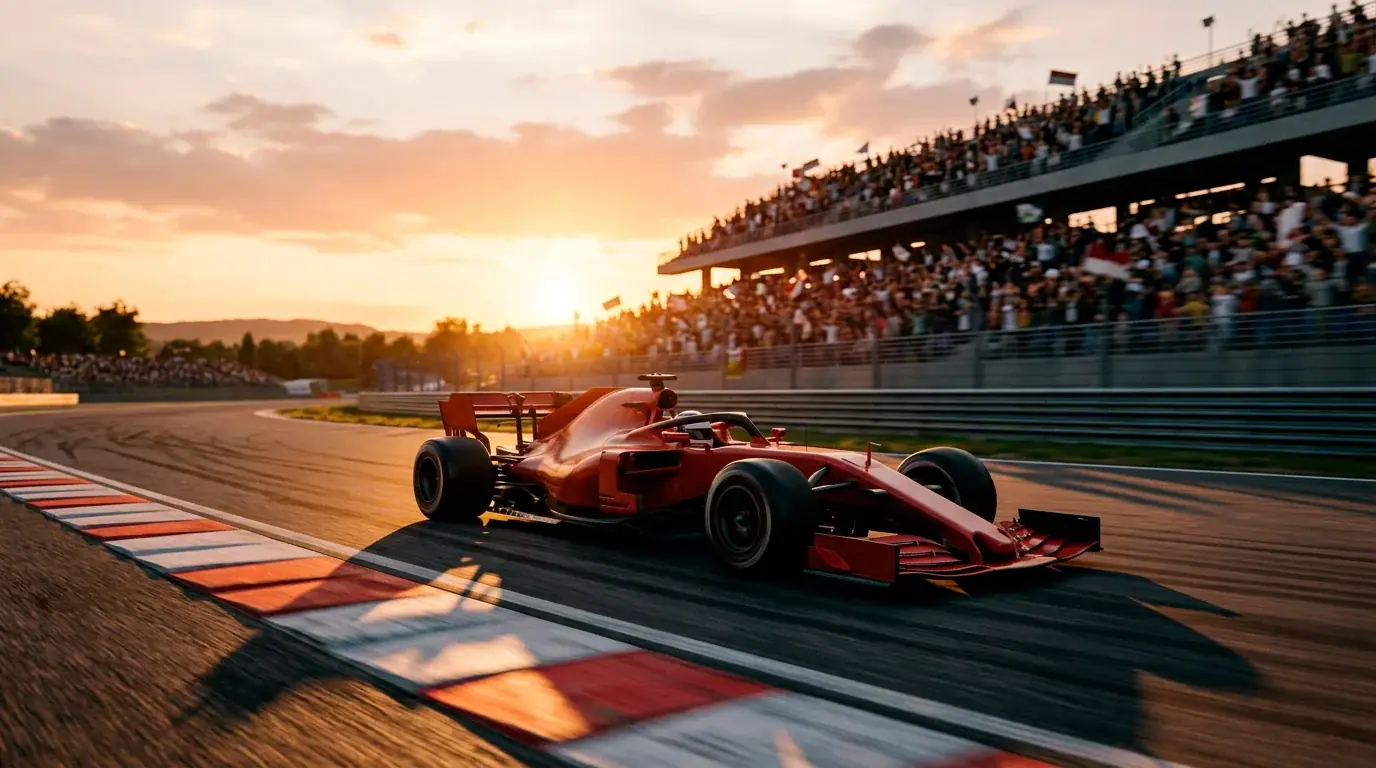 Formule 1 raceauto op circuit bij zonsondergang met strategiedata-overlay